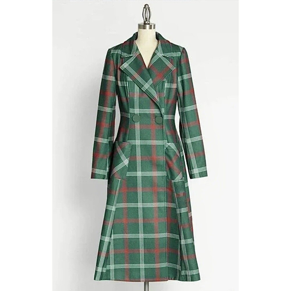 ModCloth Women US 2 XS Trench Coat Danna Poison Check Green Plaid Longline NWT